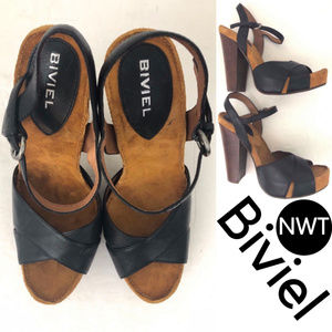 Biviel Brown Black Platform Block Heel Sandals